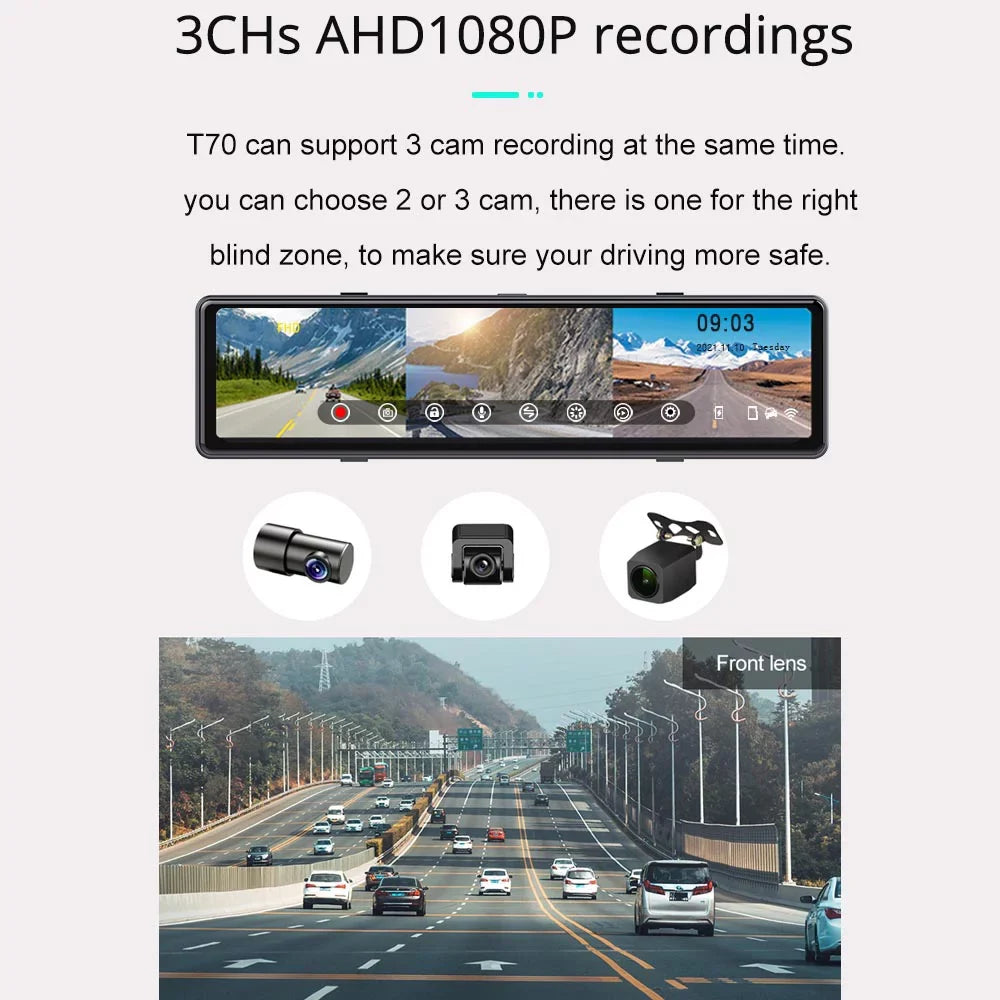 and Car CarPlay Auto, Wireless 3 Camera with IPS DVR, Reversing Cam Dash Cameras Portable 11.26" Bluetooth, with Screen Android Touch
