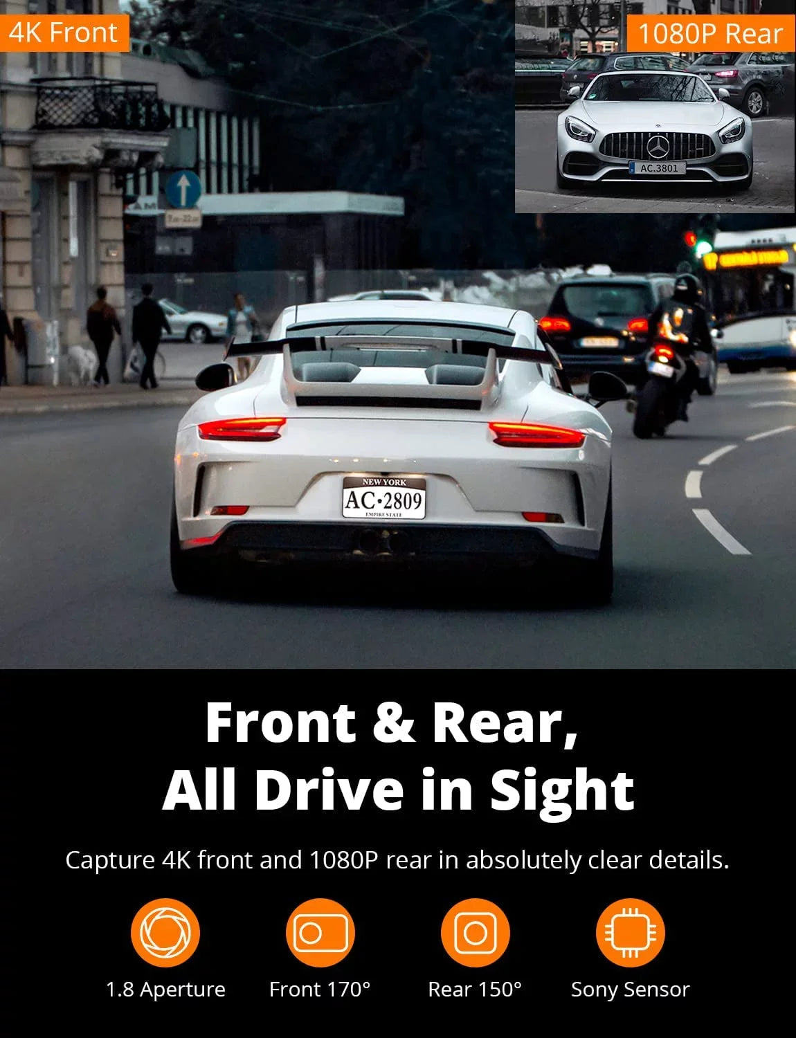 Cars Inch Dash KINGSLIM D4 Cam, 3 Rear 4K for Support IPS with Front 1080P Dual Max and Screen, & 256GB Camera