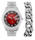 Blinged Hop Fully Out Silver Designer Hip Charles Mens Dials- w/Roman Date and Watch RED Numerals Rocks Colorful ST0226RND Iced Cuban Big w/Easy Timepiece Out - Read Raymond
