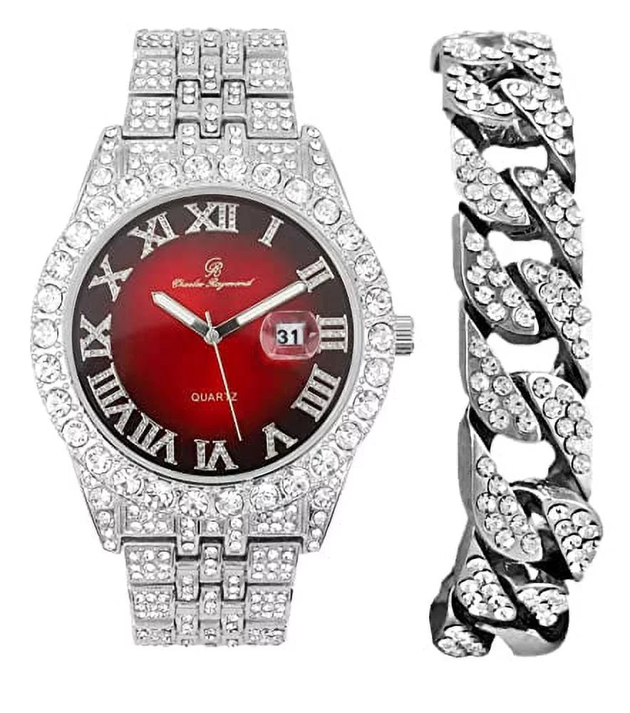 Blinged Hop Fully Out Silver Designer Hip Charles Mens Dials- w/Roman Date and Watch RED Numerals Rocks Colorful ST0226RND Iced Cuban Big w/Easy Timepiece Out - Read Raymond