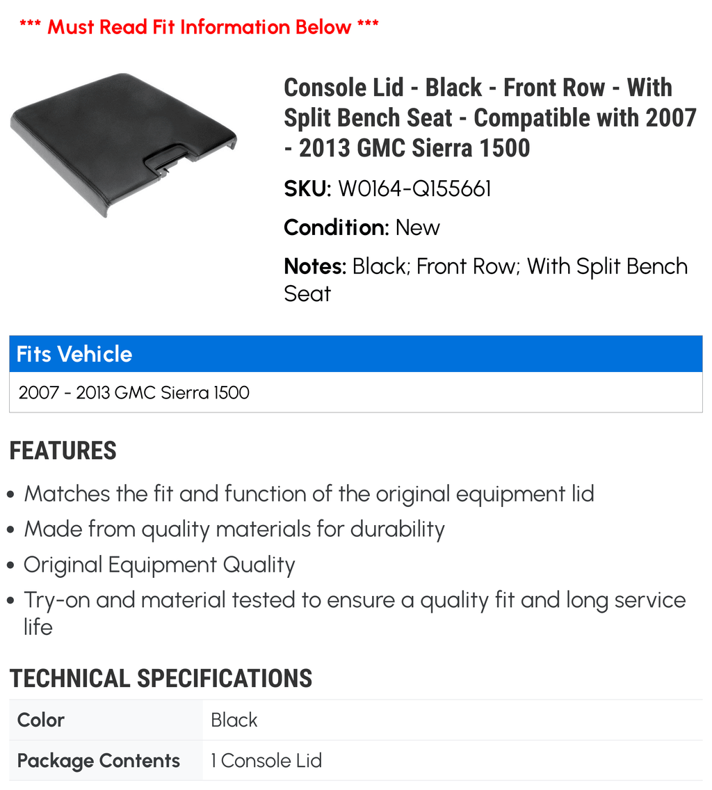 Row - GMC 2010 2011 Black 2009 2013 - 2007 - Seat with With 2012 Sierra 2008 Split 1500 - Lid Bench Front Console - Compatible