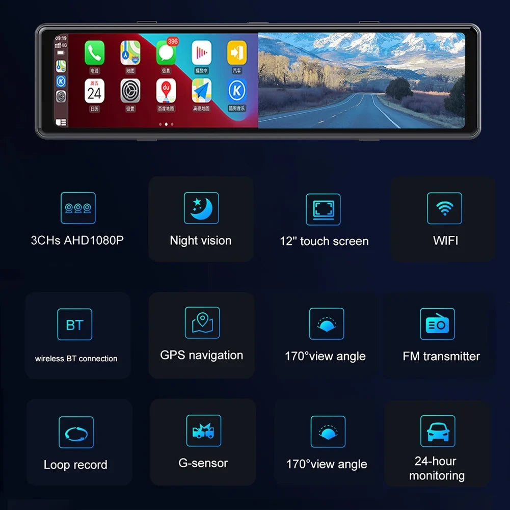 and Car CarPlay Auto, Wireless 3 Camera with IPS DVR, Reversing Cam Dash Cameras Portable 11.26" Bluetooth, with Screen Android Touch