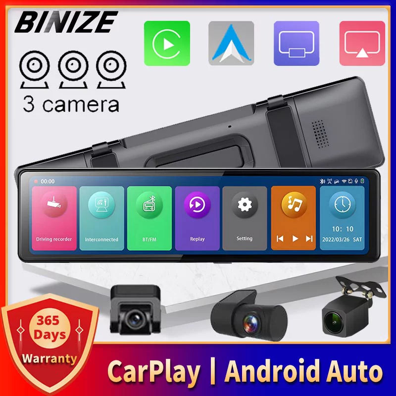 and Car CarPlay Auto, Wireless 3 Camera with IPS DVR, Reversing Cam Dash Cameras Portable 11.26" Bluetooth, with Screen Android Touch
