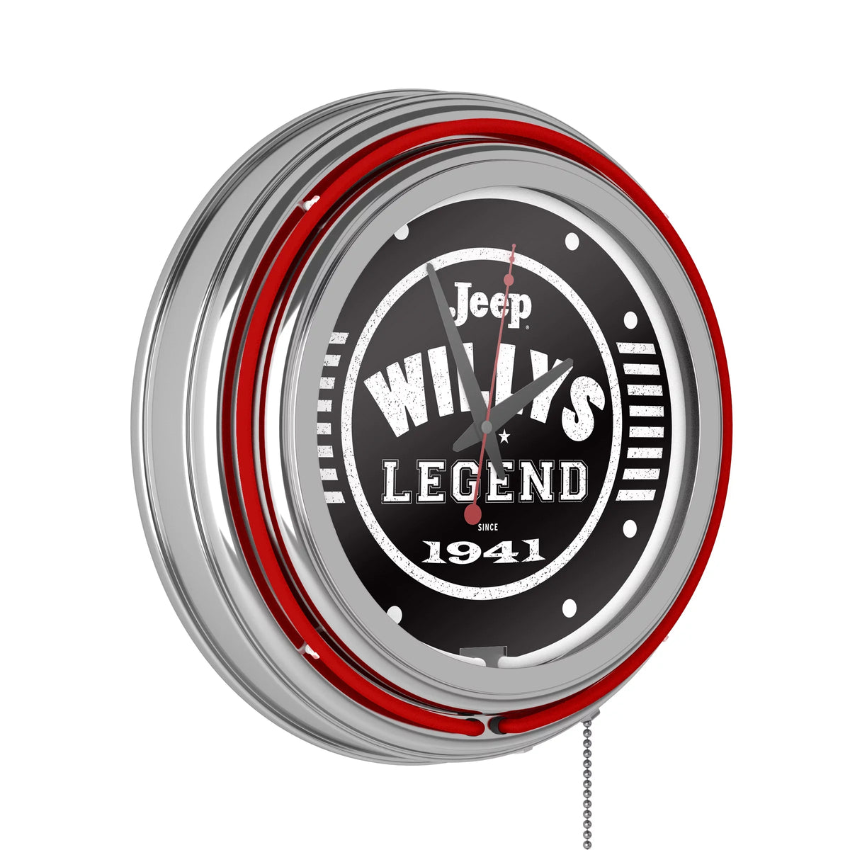 (Red) Accessories Pull Neon with or Willys Double Clock-Jeep Man Wall Clock Legend Cave Chain-Pub, Rung Analog Garage, Black
