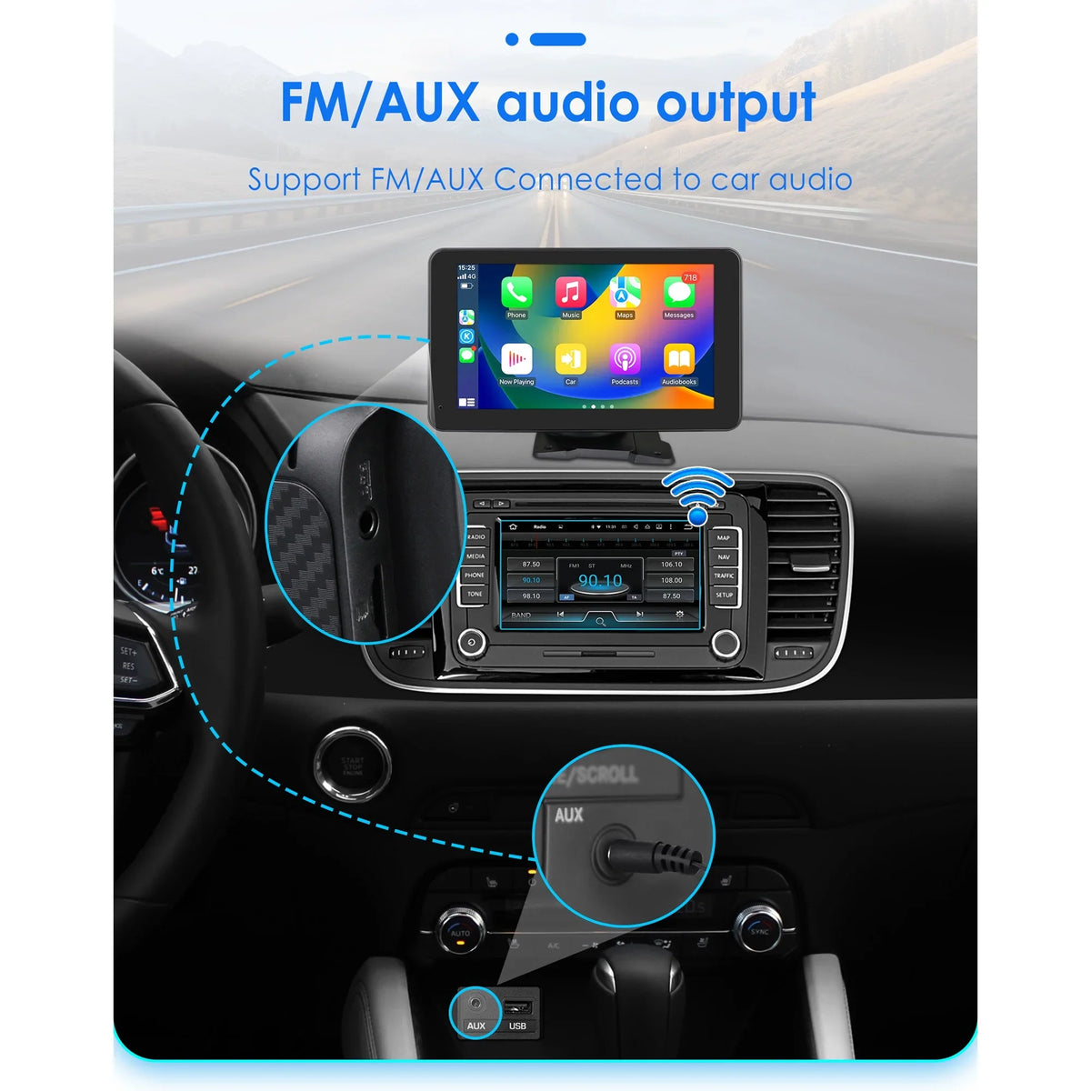 Adjustable 7" Radio 360° Auto GPS Bluetooth Android Car Camera Navigation Stereo Apple Unit Backup Carplay Link Touchscreen Mirror With Head Portable Player