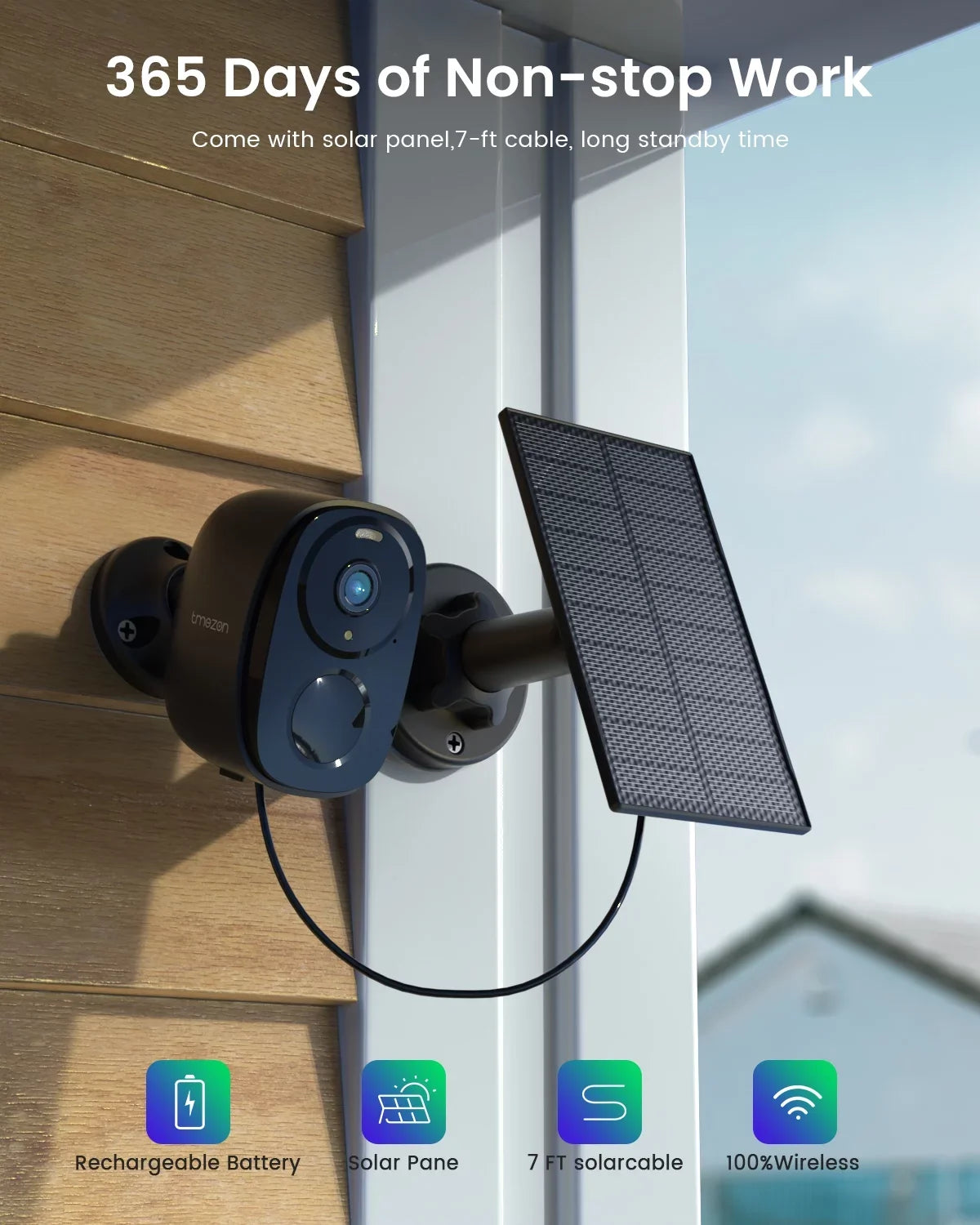 Color Wireless Outdoor & Outdoor PTZ Solar 360° Spotlight WiFi, Camera, Security Night White Vision, Security Camera Siren, View, 2K/3MP