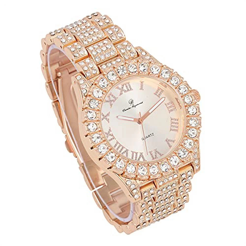 '- RN with Shiny Rocks Silver Gold) Cuban Wristwatch Fully Numerals Iced w/Blinged Colorful Big Out Silver Out Bracelet Cuban ST10327 Raymond Mens Charles Roman (Rose Dial
