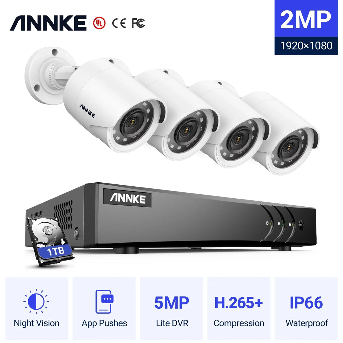 with DVR 8CH Email Night System Detection, Hard Cameras, with Alert H.265+ Vision, (4) Wired ANNKE 100ft 1 Surveillance Lite Security Weatherproof Drive and 5MP 1080p Human/Vehicle Camera AI TB 5-in-1
