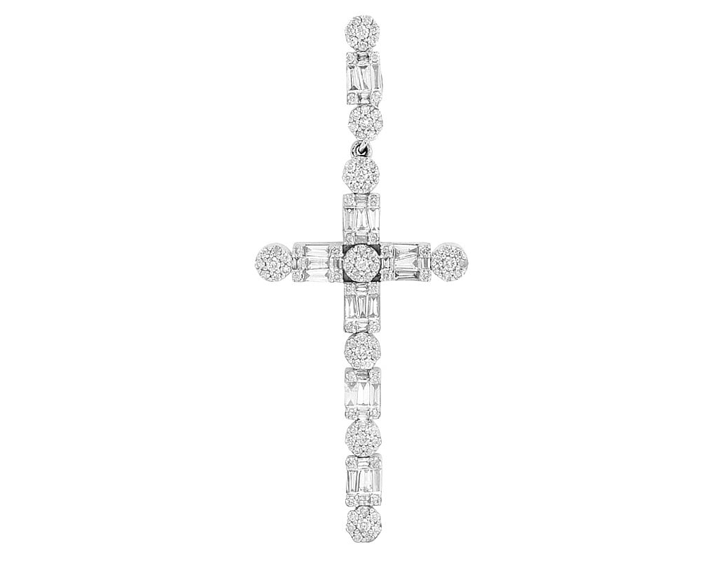 1.2CT Unisex Cross Real 10K White Diamond Gold Baguette Flower 2" Cluster