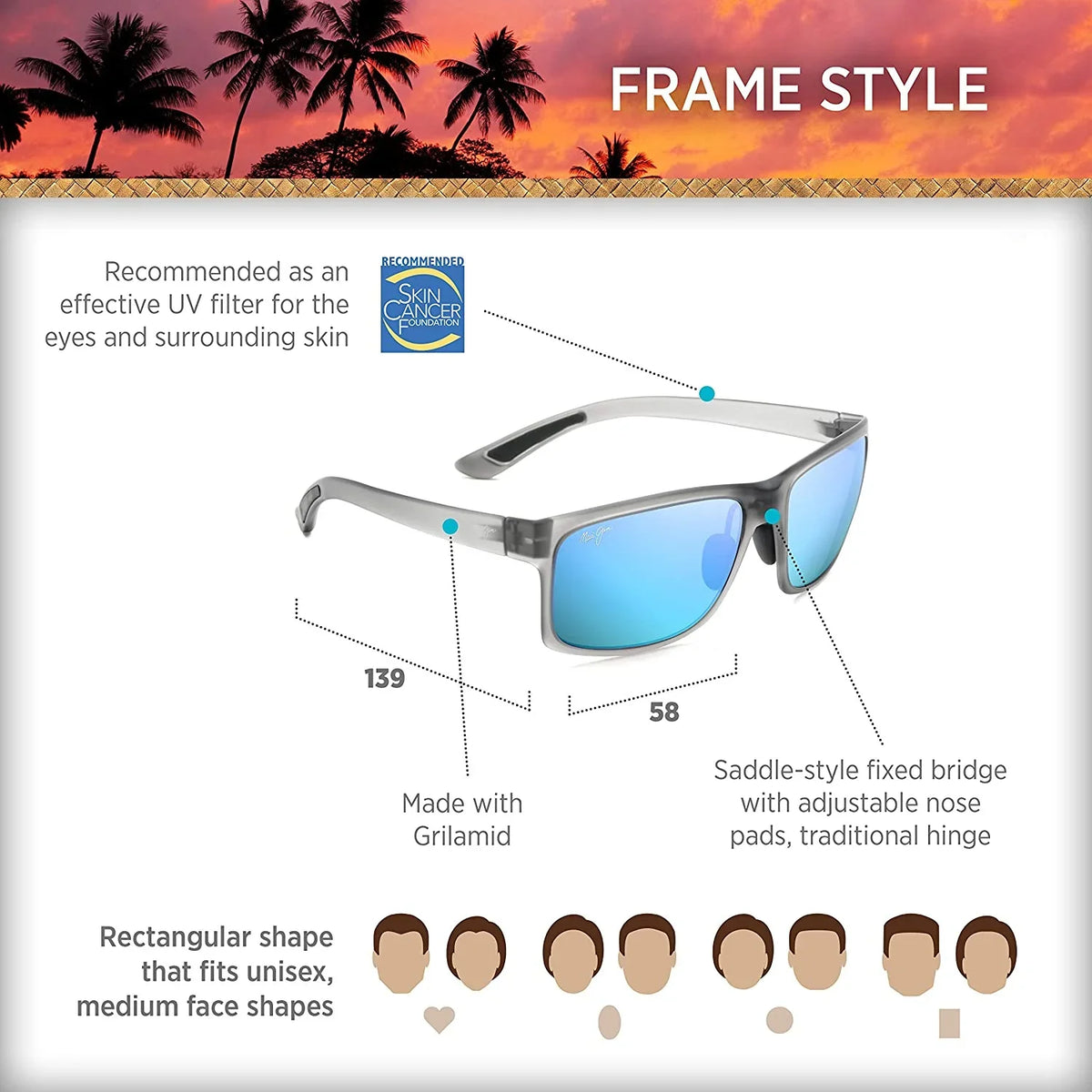 Sunglasses Men's Maui Rectangular Arch B439-11M Jim 58 Blue Pokowai Hawaii