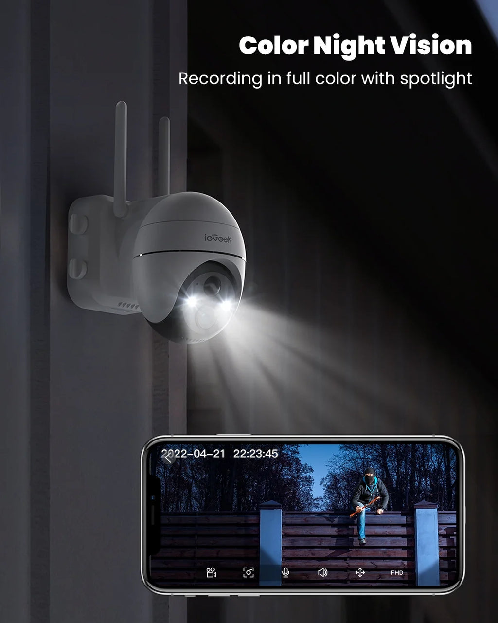 Wireless Detection, Spotlight, Vision, Solar Surveillance Outdoor Home Motion with View Night Security Solar PIR Powered Alexa WiFi 360° Cameras Camera, Color PTZ Outdoor, Battery 2K/3MP Work