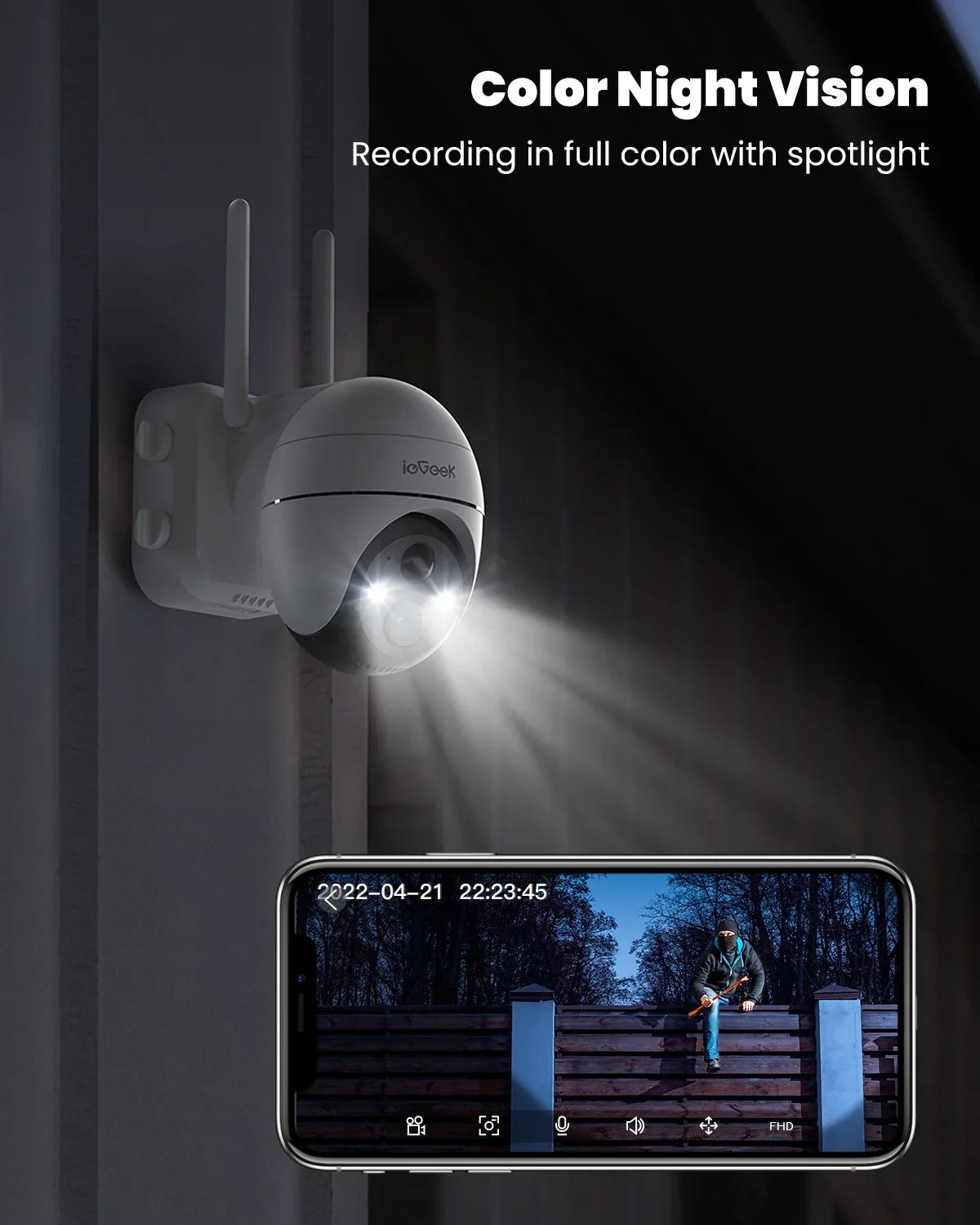 Wireless Detection, Spotlight, Vision, Solar Surveillance Outdoor Home Motion with View Night Security Solar PIR Powered Alexa WiFi 360° Cameras Camera, Color PTZ Outdoor, Battery 2K/3MP Work