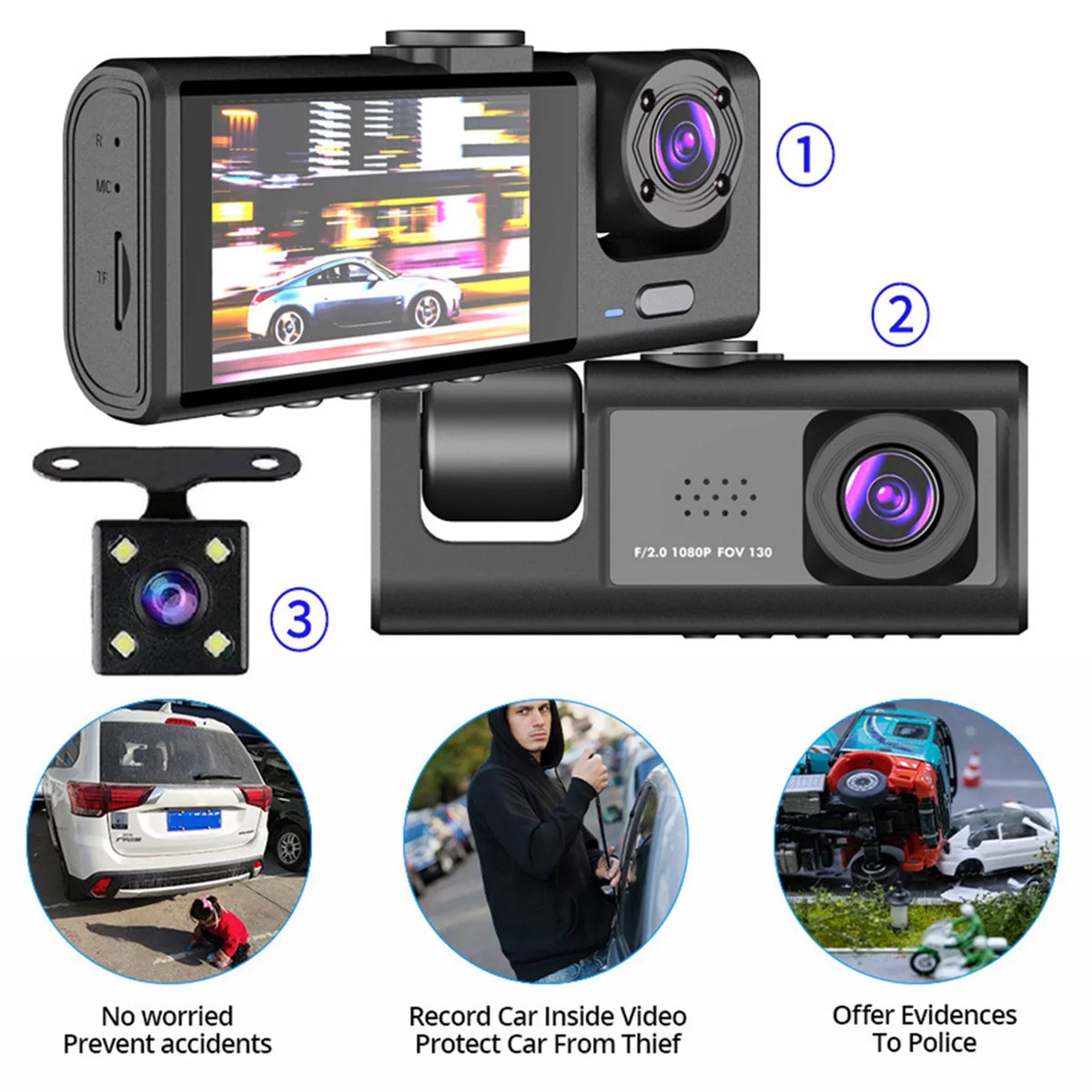 Dash Rear Video Andoer Car Camcorder Driving Car Vision Front Inside Recording Rearview Cameras Camera Night Car 1080P+720P+480p Recorder Mirror Safety 3 and Cam Auto Recorder