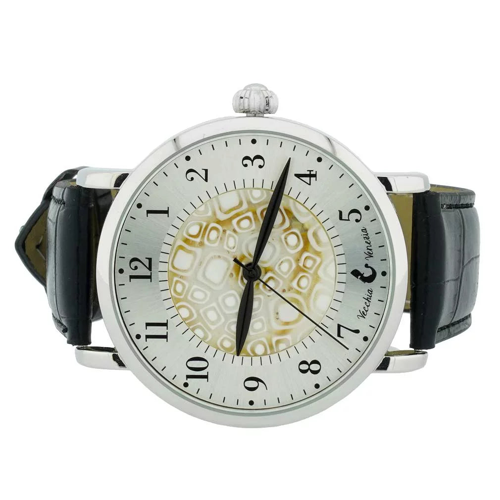 '- Men's GlassOfVenice Watch Band Black Millefiori Leather White and With Murano Glass