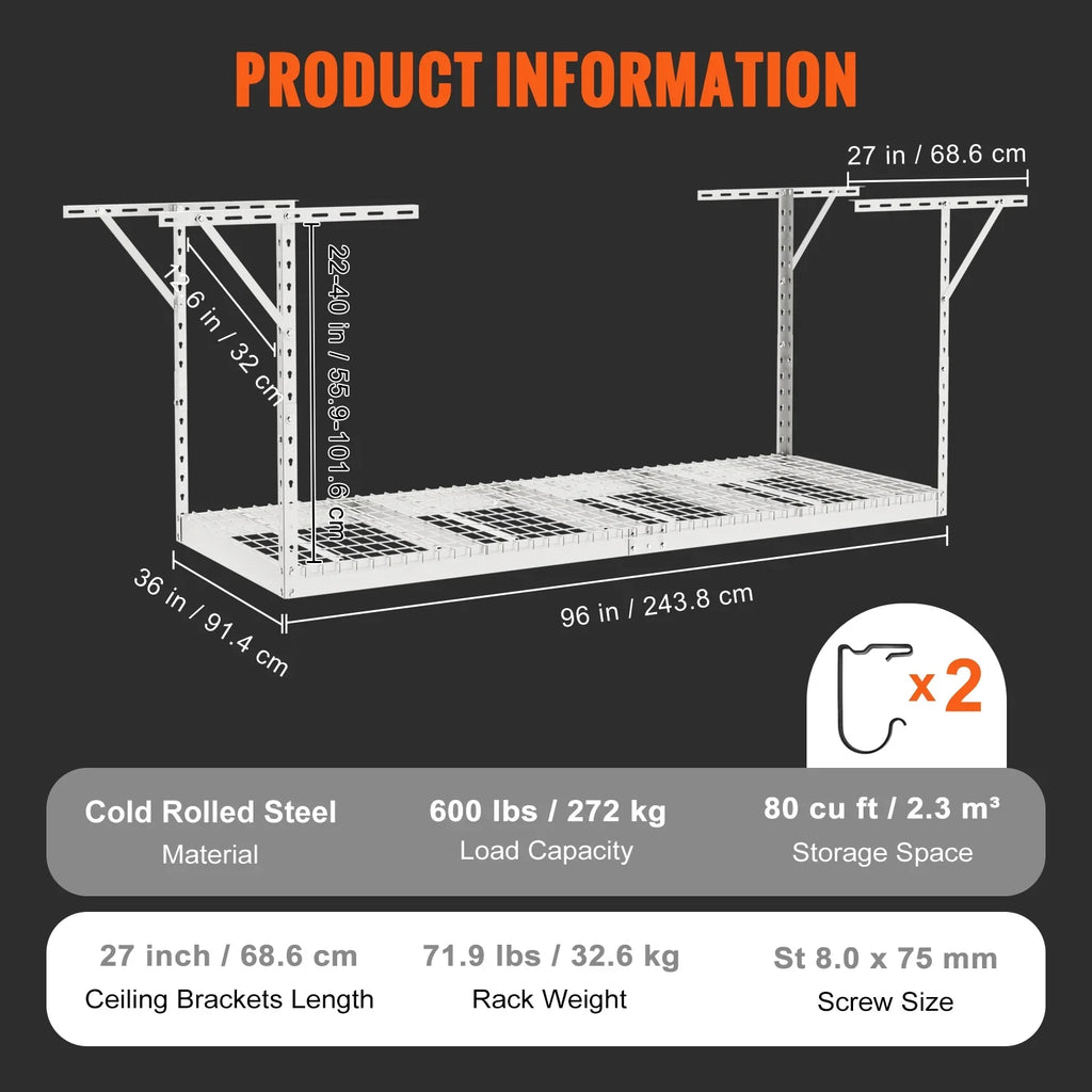 White Ceiling 36x96" Storage Rack 600lb Rack Overhead SKYSHALO Adjustable Garage