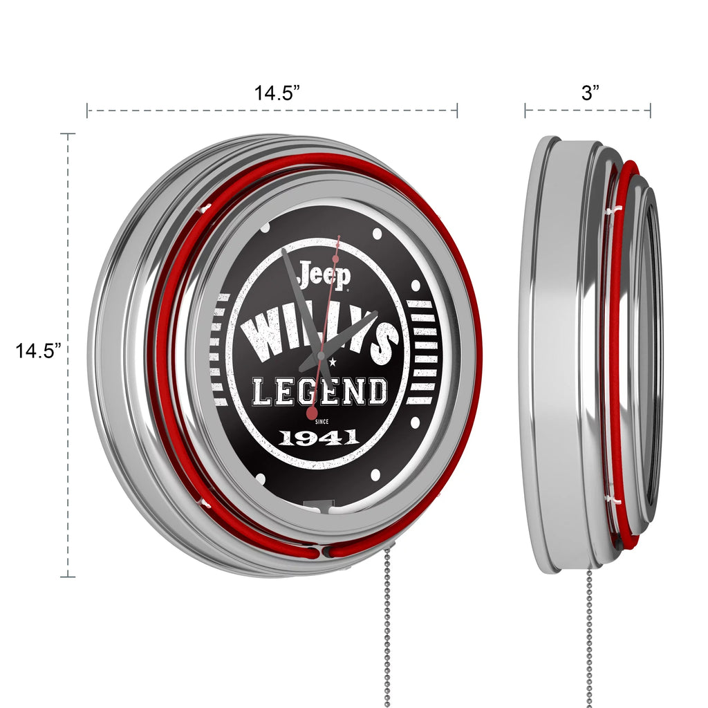 (Red) Accessories Pull Neon with or Willys Double Clock-Jeep Man Wall Clock Legend Cave Chain-Pub, Rung Analog Garage, Black