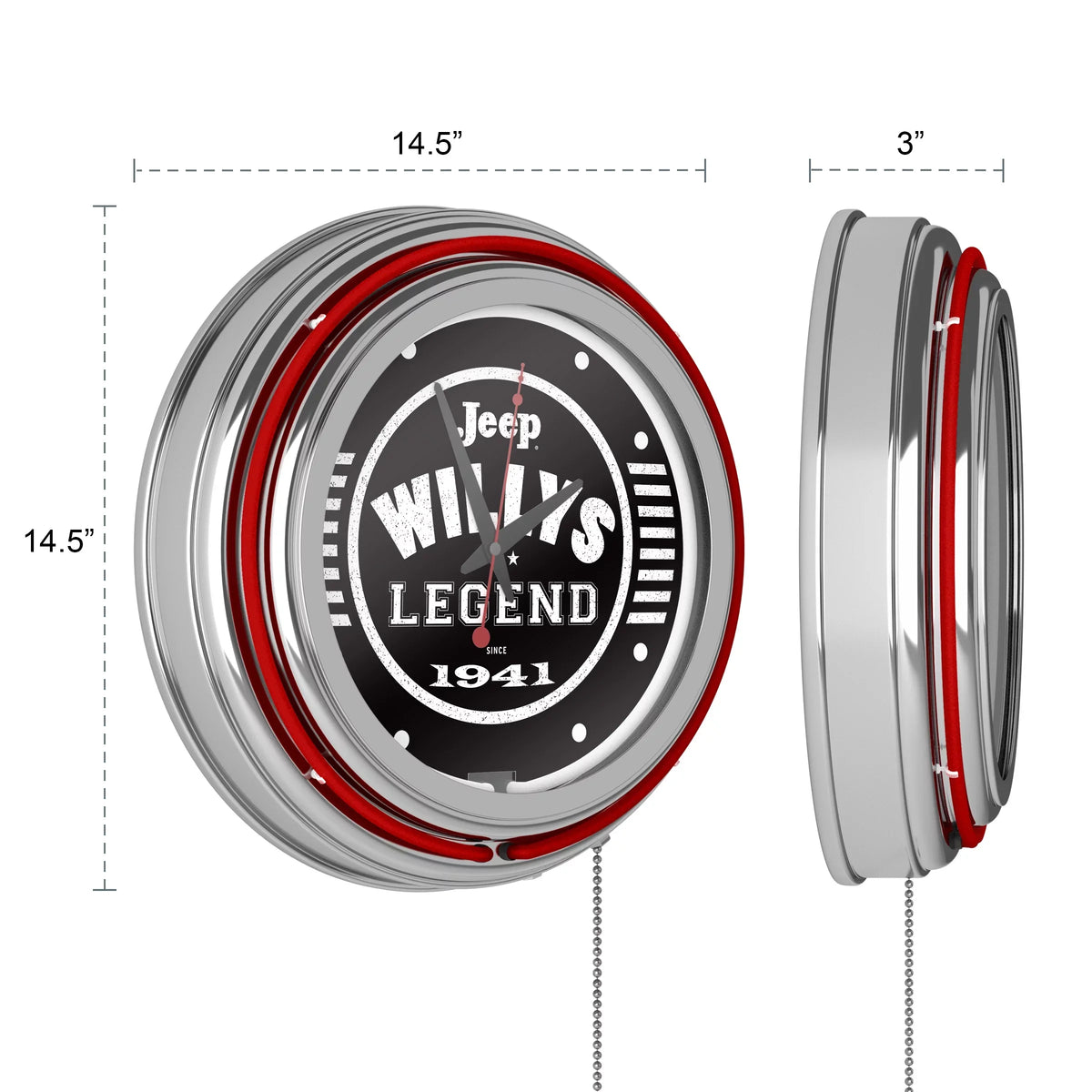 (Red) Accessories Pull Neon with or Willys Double Clock-Jeep Man Wall Clock Legend Cave Chain-Pub, Rung Analog Garage, Black