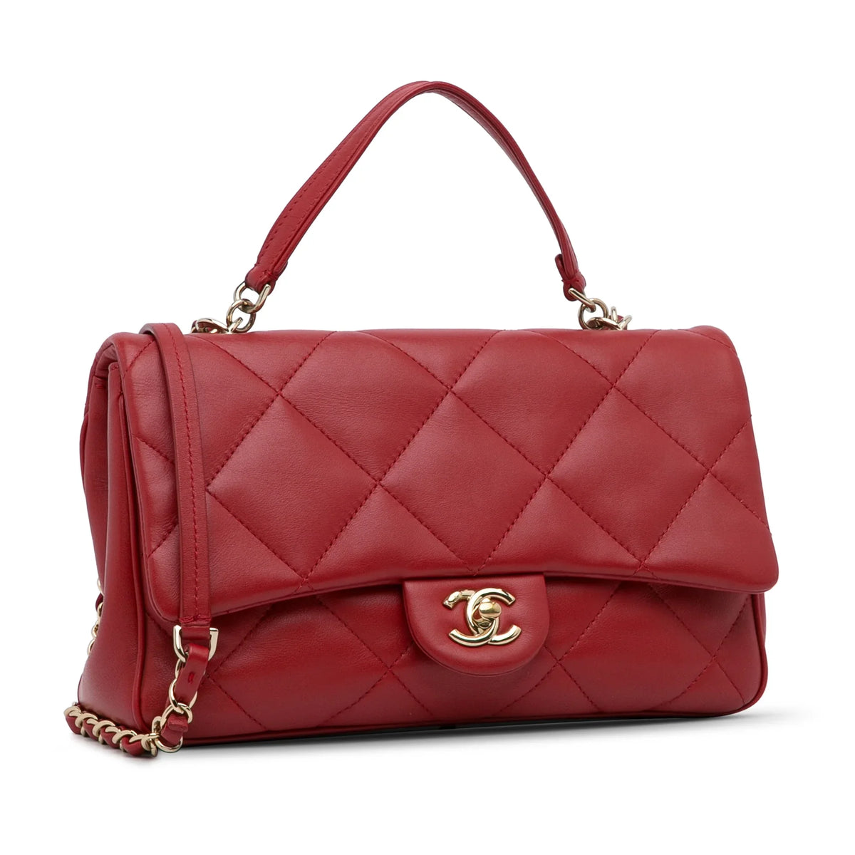 Lambskin Small (Good) Satchel Authenticated Red Flap Unisex Bag Chanel Leather Carry Easy Pre-Owned