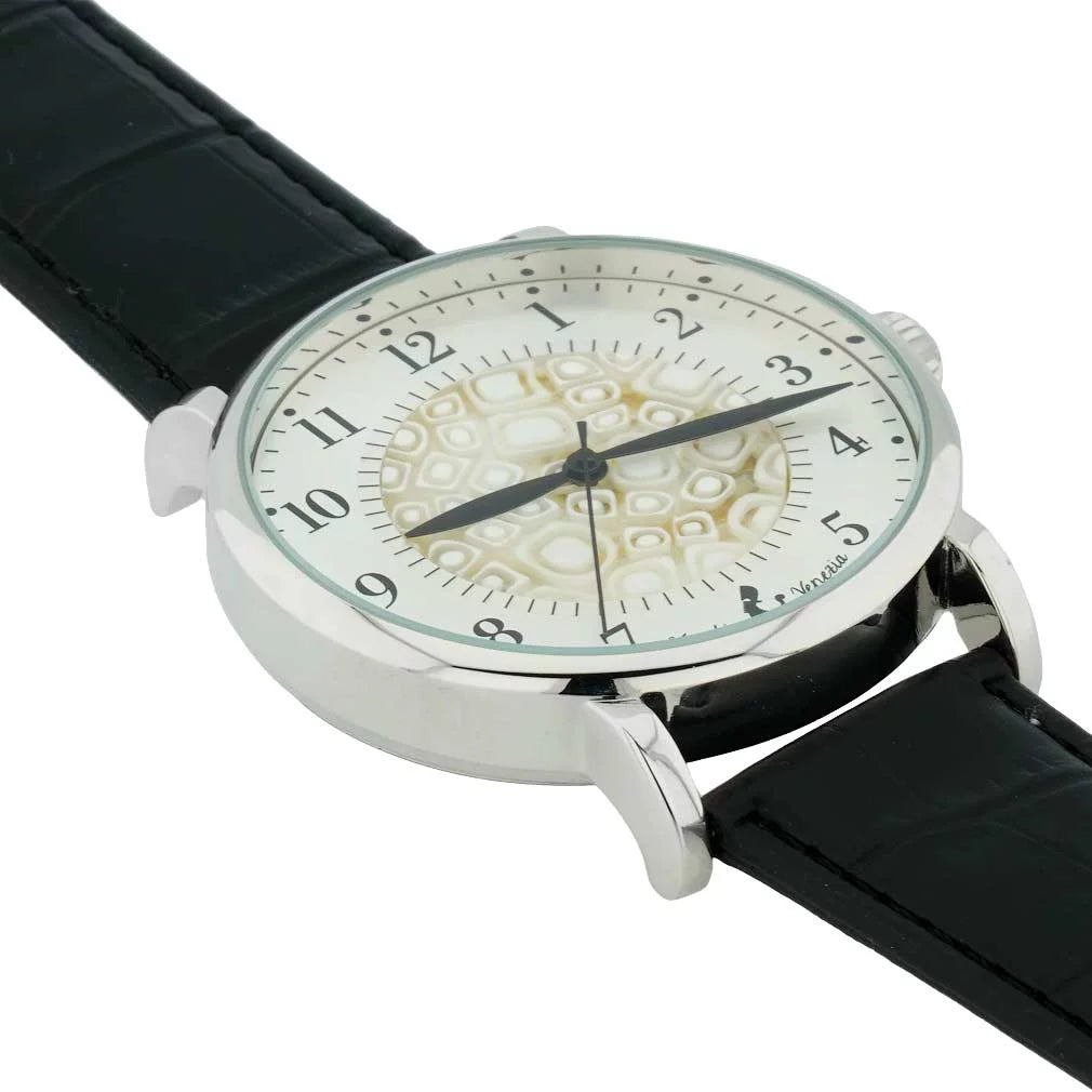 '- Men's GlassOfVenice Watch Band Black Millefiori Leather White and With Murano Glass