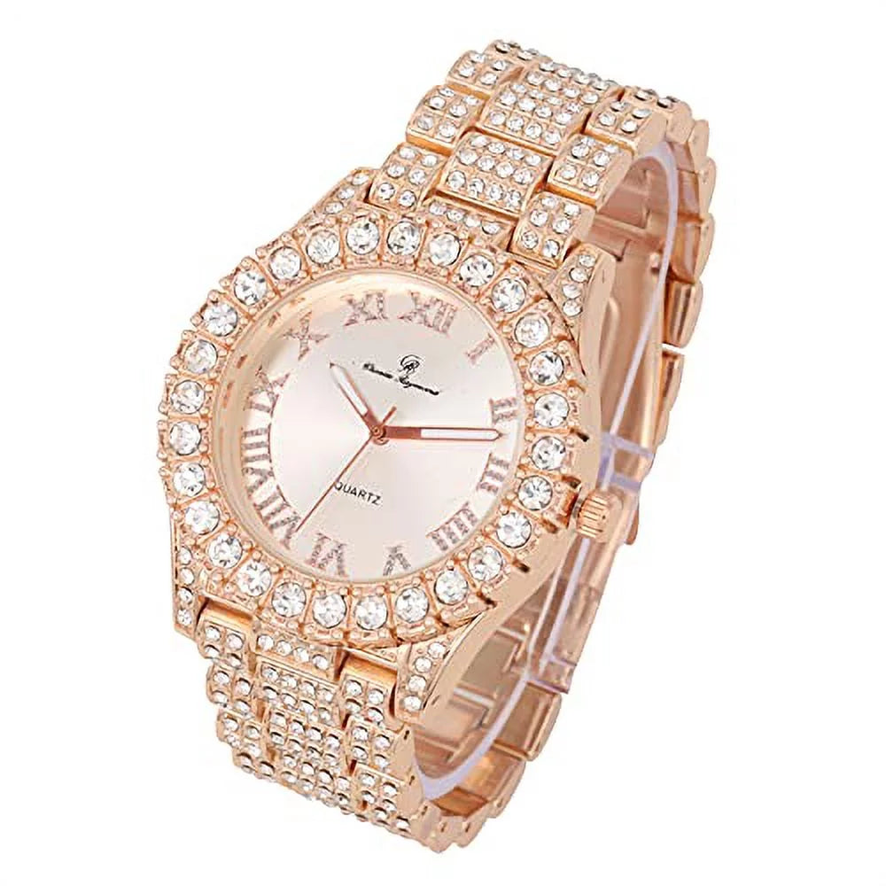 '- RN with Shiny Rocks Silver Gold) Cuban Wristwatch Fully Numerals Iced w/Blinged Colorful Big Out Silver Out Bracelet Cuban ST10327 Raymond Mens Charles Roman (Rose Dial
