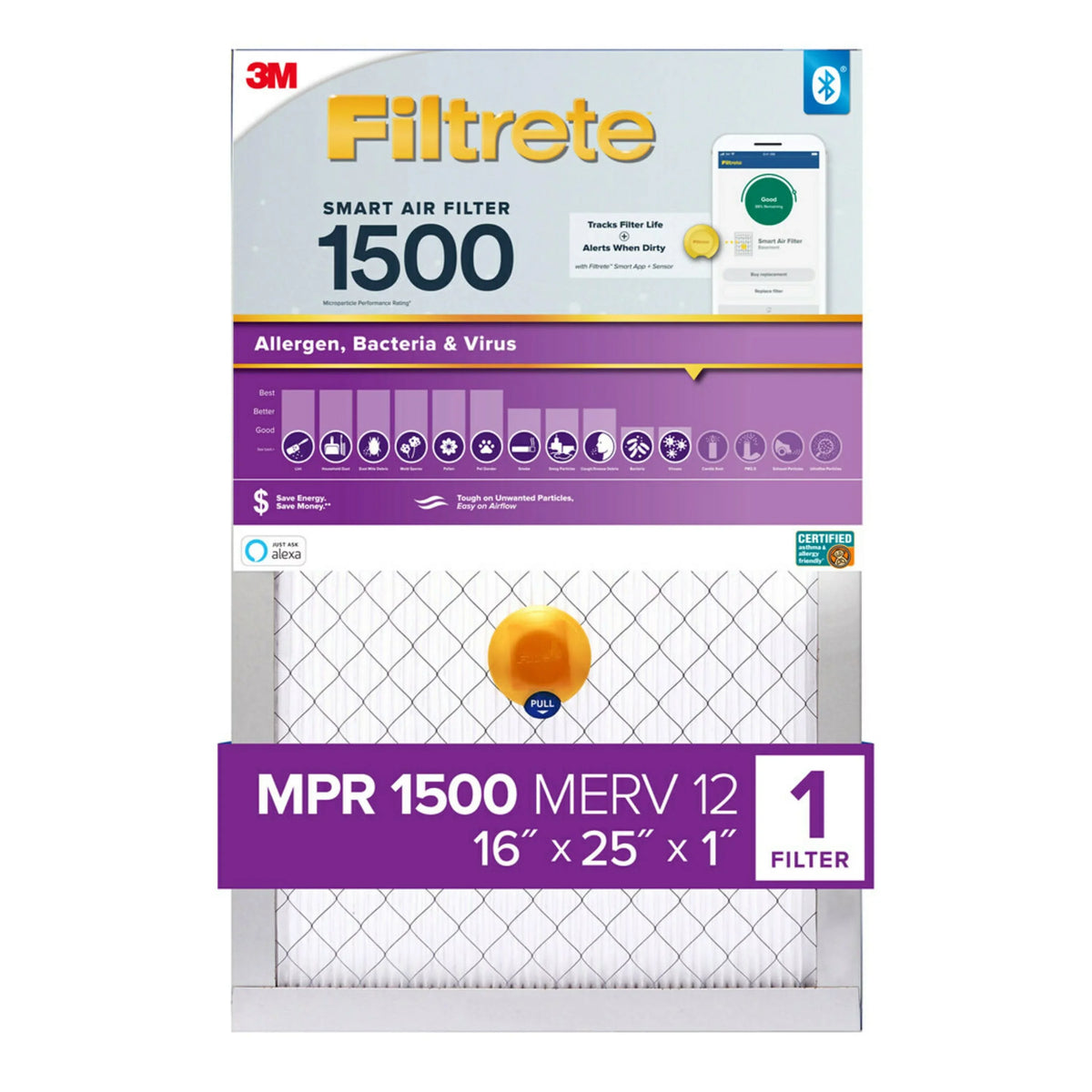 Allergen, 1 Virus, MERV MPR Filtrete Smart 12, 16x25x1 Air Filter, 1500 Bacteria Filter