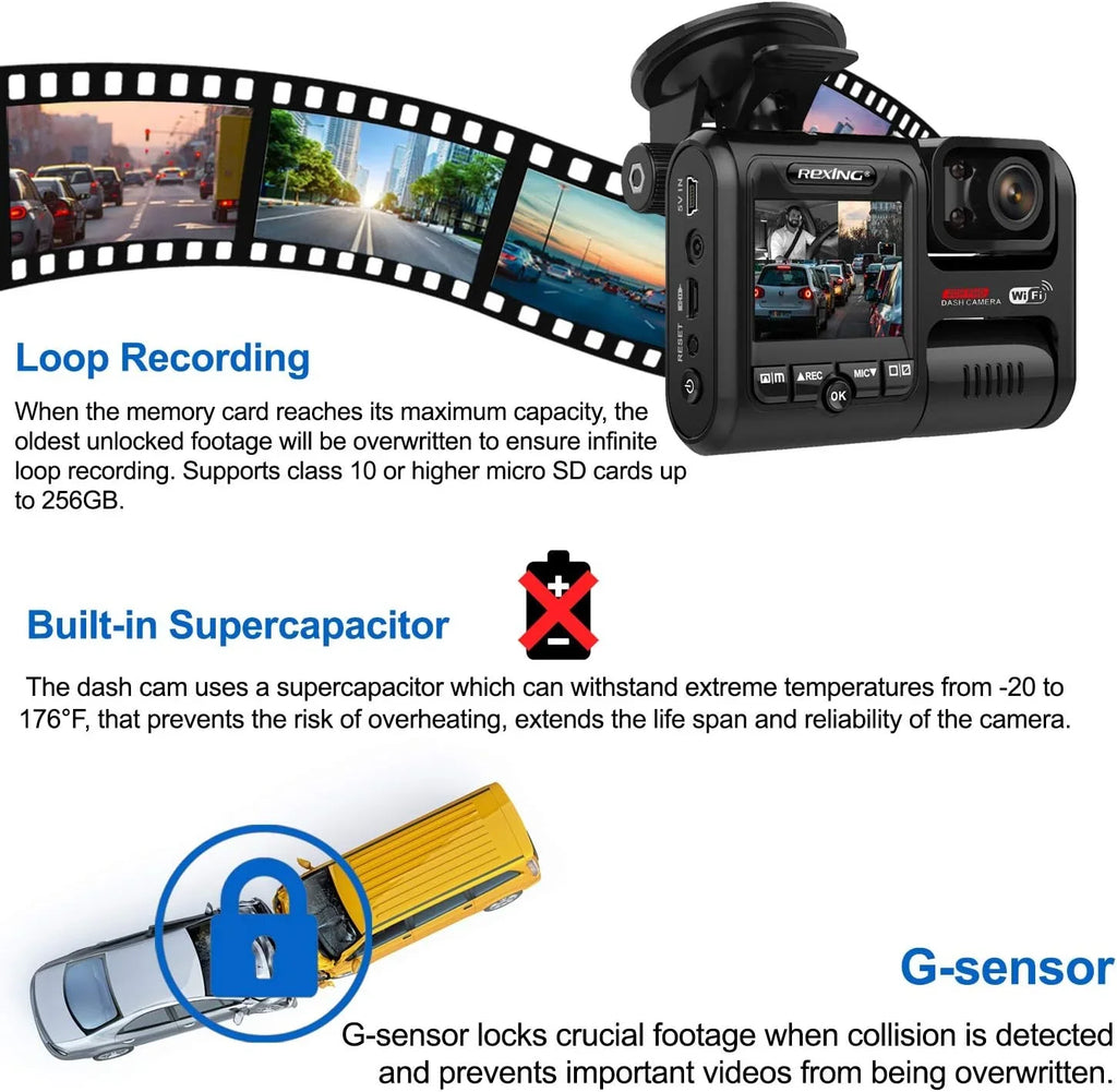 HD Box and Cam 1080p Front W202 Open Wi-Fi Cabin Inside Full Dash Rexing