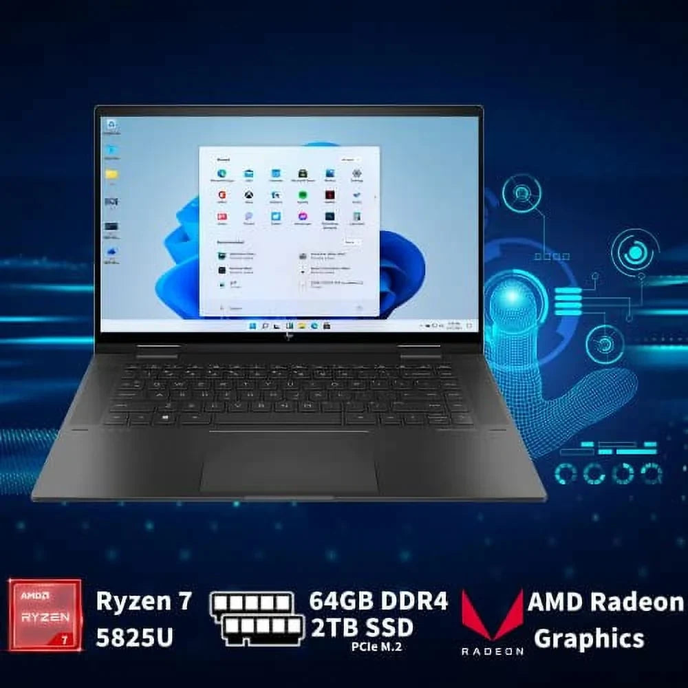 11, Laptop, Card True x360 7 15.6" 2-in-1 Radeon Graphics, RAM, Backlit Ryzen 2TB Envy Black, Win 5825U, Keyboard, Vision USB SSD, HP Touchscreen 5MP 64GB 2022 PCIe AMD 32GB AMD Camera, IR