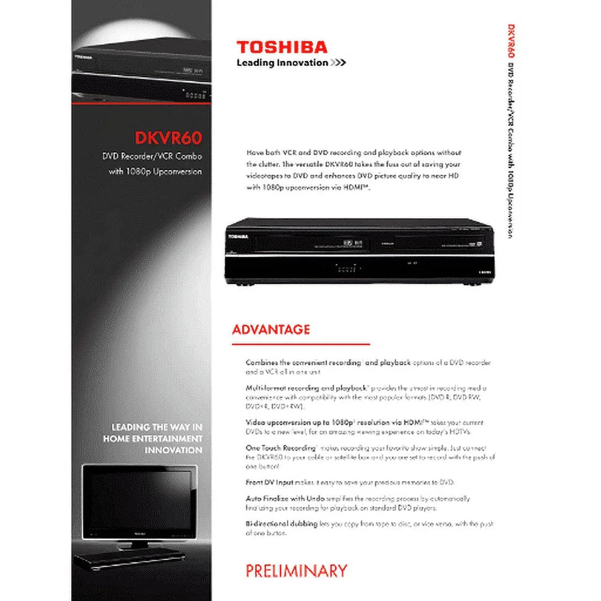 Manual, Remote Combo DKVR60 AV, Toshiba Included Recorder (NEW) DVD/VCR
