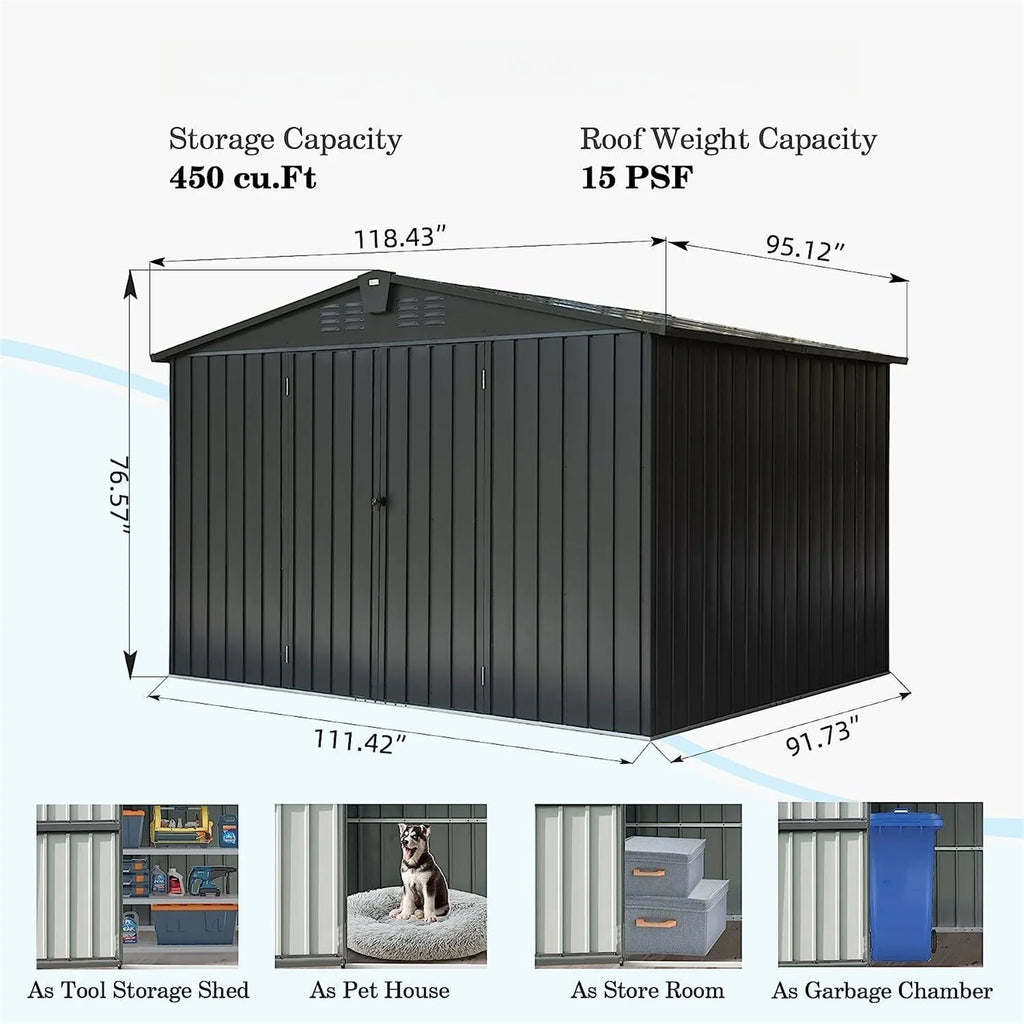 Door Bike, Metal Tools, Shed Patio, 10'X Backyard, Outdoor Steel Lawn with Black) Storage Cabinet Outdoor Storage Trash for for Homiyad (10X8ft, Galvanized Shed Garden Lockable Can, 8',