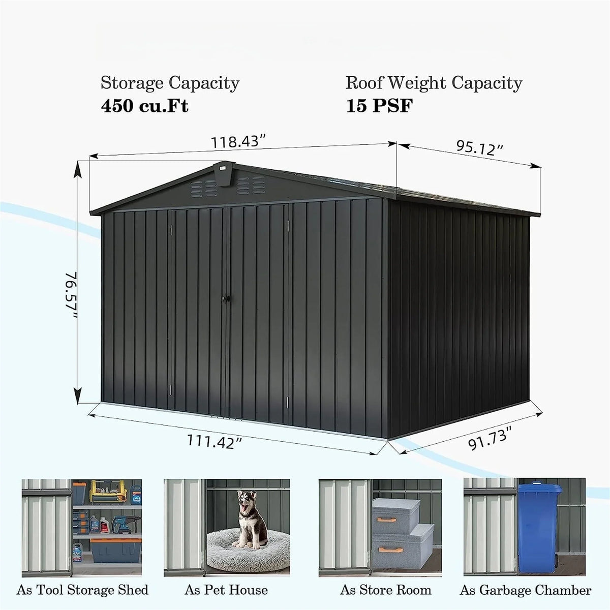 Door Bike, Metal Tools, Shed Patio, 10'X Backyard, Outdoor Steel Lawn with Black) Storage Cabinet Outdoor Storage Trash for for Homiyad (10X8ft, Galvanized Shed Garden Lockable Can, 8',