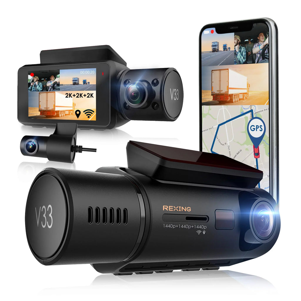 Cabin Wi-Fi Dashcam Channel Camera with Rexing Rear 3 Built-in Front, and & GPS V33 1440p+1440p+1440p