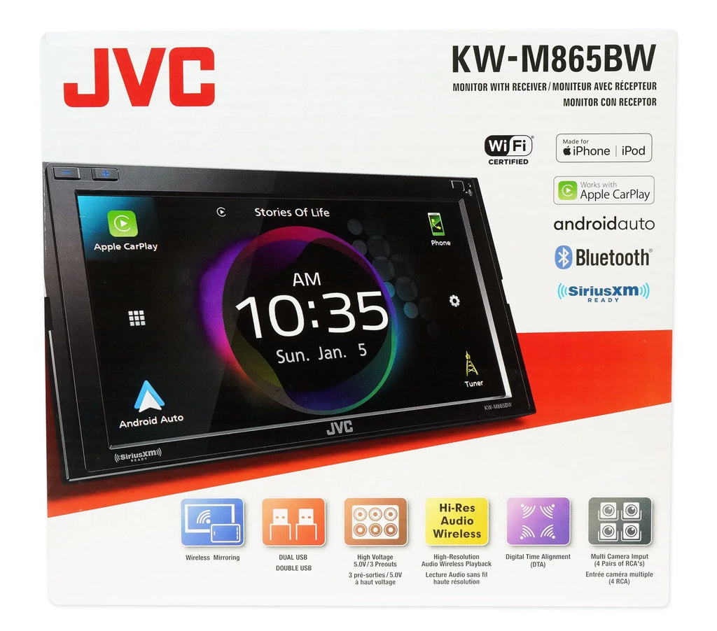 with Mobile 6.8-inch All-Digital Android in-Dash Carplay, Apple Bluetooth, Siriusxm Ready Media Double-Din Auto, JVC KW-M865BW Receiver and