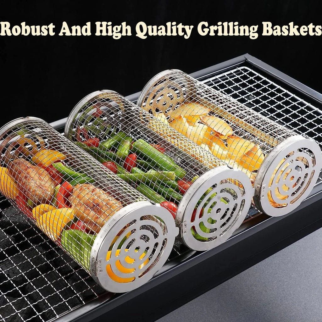 for Grilling BBQ Rolling Basket，Round Fish, Barbecue Outdoor BBQ 2PC ，Portable Barbeque Shrimp, Rack Basket Vegetables, Grilling Griller Cooking Camping Accessories
