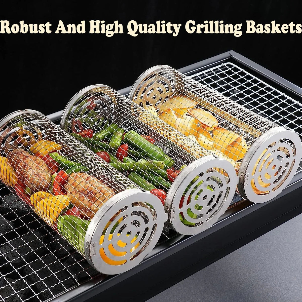 for Grilling BBQ Rolling Basket，Round Fish, Barbecue Outdoor BBQ 2PC ，Portable Barbeque Shrimp, Rack Basket Vegetables, Grilling Griller Cooking Camping Accessories