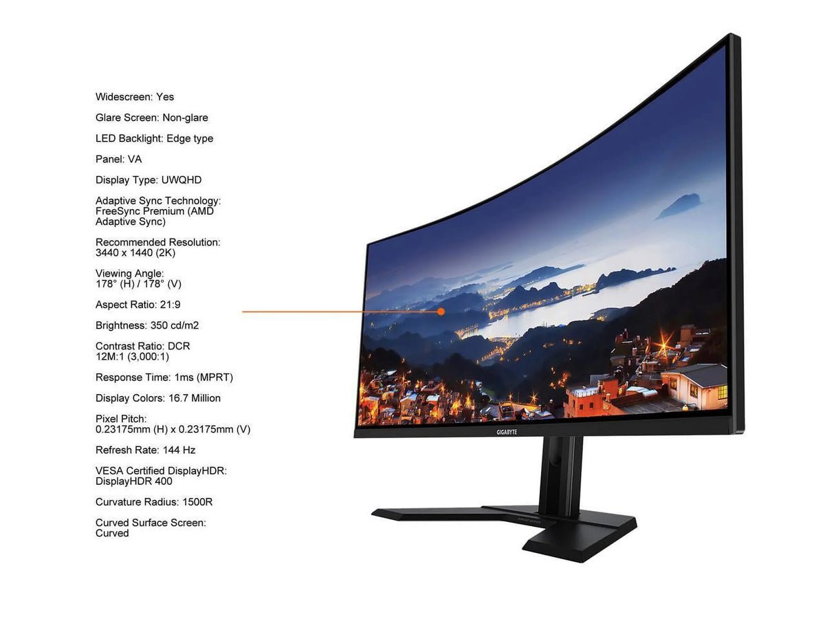 HDR400, 144Hz FreeSync 1440 Curved 1500R Monitor Premium, DCI-P3, Display G34WQC HDMI x 2K Display, 3440 2x DisplayPort 2.0 UWQHD VA 1.4, GIGABYTE 34" VESA Gaming 90% (MPRT), 2x 1ms A-SA