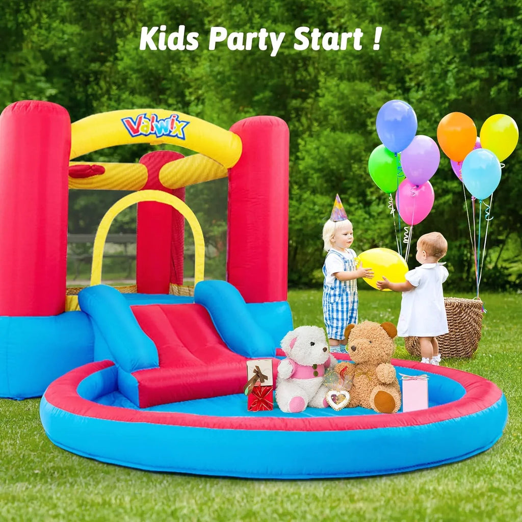 Basketball Bounce Castle with Pool Area with Fun Bouncy Bouncer Kids & Dry Wet Waterslide Blower Inflatable House for Repair years 3-5 , Kits, with Bounce Combo, Hoop Valwix for