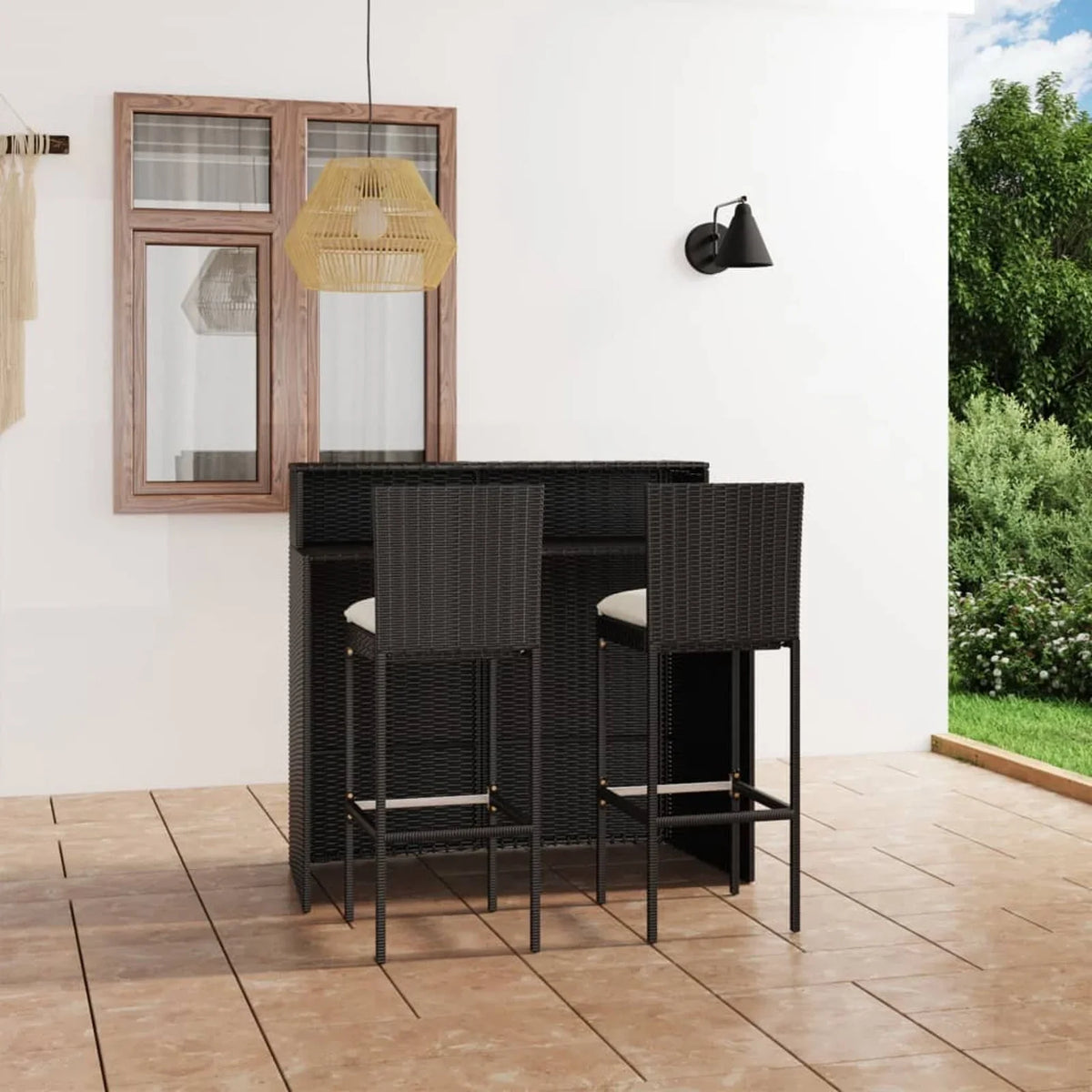 Rattan Bar Table Footrest Piece Stool 2 with Furniture Set 3 and Balcony, for Bar Bar Patio and Cushioned Outdoor Anself Poly Backyard, Chair Patio, Backrest Black Garden,