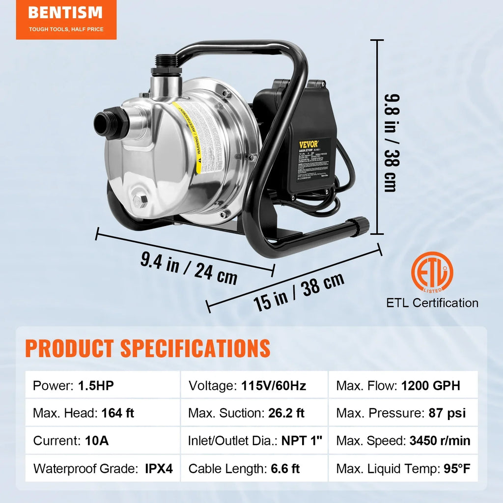 psi BENTISMShallowWell Portable Steel Booster 87 GPH Lawn 164 ft Garden Stainless for 1200 Jet 1.5 115V, Pumps Fountain, Pressure, Height, Sprinkler Max Lake system, Irrigation Pump, WaterTransfer HP
