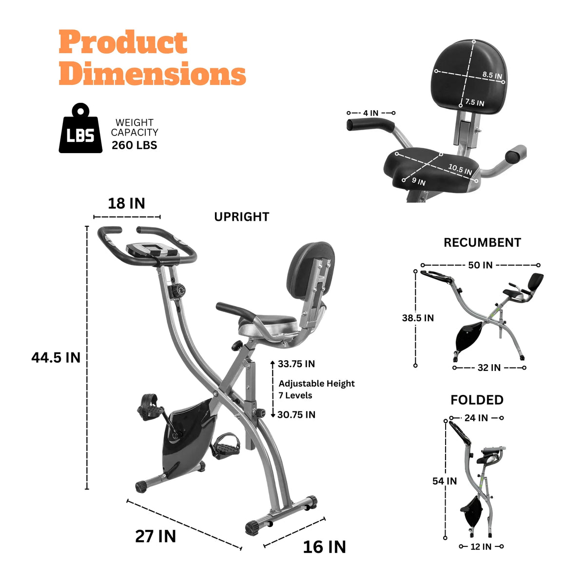 Upright Heart Recumbent 8 260 Sensor, Capacity, of Stationary Bike 1 Adjustment Rate Back Cycle Cardio Fitness 3 in workout, Bike, Rest, LCD and LBS Arm Home Levels Exercise Folding