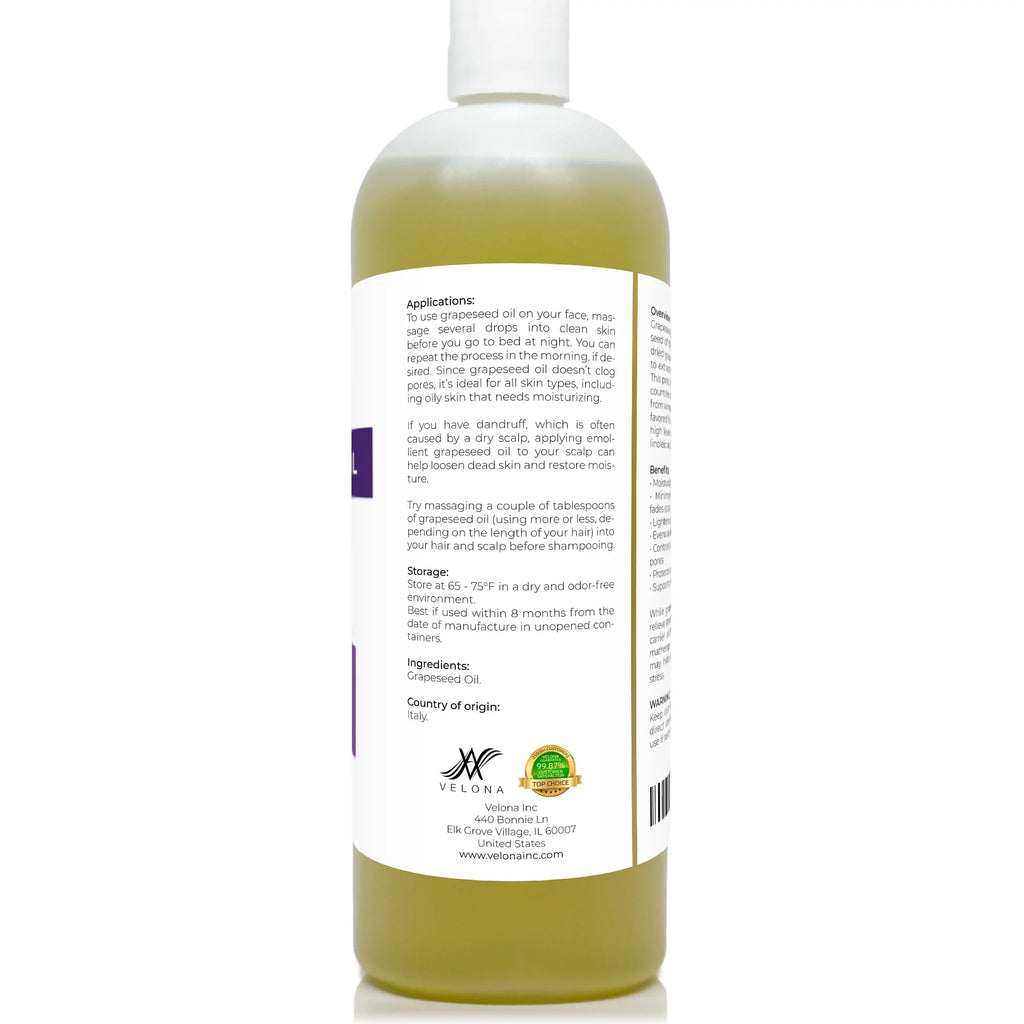 Refined, | | Pure Grapeseed and oz 32 Care Hair - Cold Natural Face, pressed Oil 100% Carrier | Cooking, Velona Skin, Body, Oil