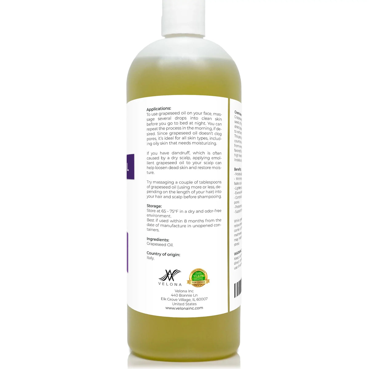 Refined, | | Pure Grapeseed and oz 32 Care Hair - Cold Natural Face, pressed Oil 100% Carrier | Cooking, Velona Skin, Body, Oil