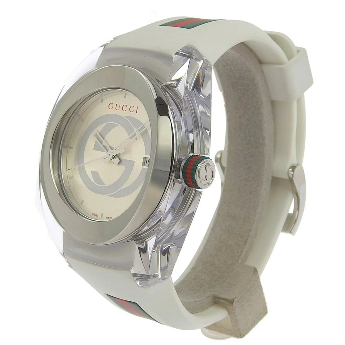 Authenticated Rubber Quartz Display Men's Silver 137.1 Watch Sink x Used Gucci Dial Analog Steel Stainless
