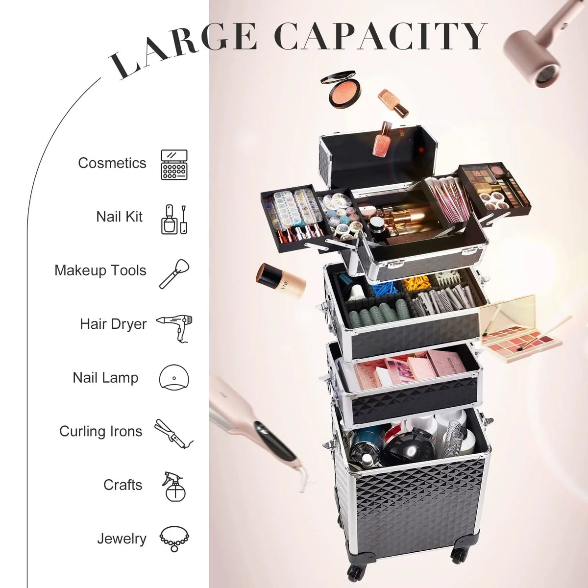 1 Barber in Case Rolling Cosmetic Aluminum Train Box 4 Salon Case Trolley Joligrace Wheels Makeup Case with