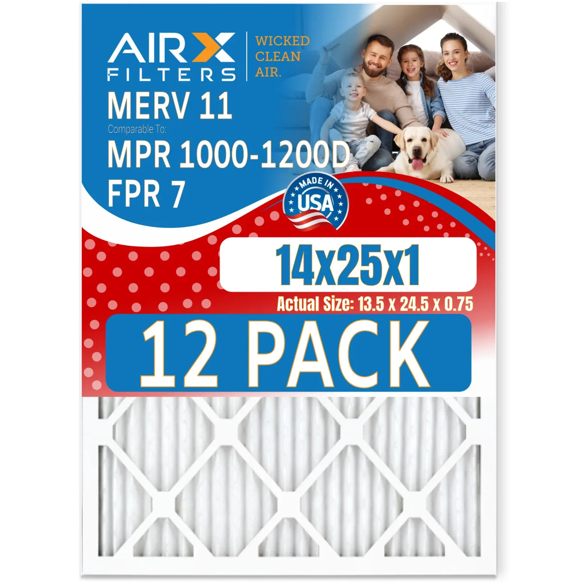 USA 14x25x1 FPR WICKED 12 Pack Filter AIR. MERV 11 & 7 by of Filters MPR AIRX 1000, MPR to Air FILTERS Comparable Furnace CLEAN Rating, - 1200 Made in