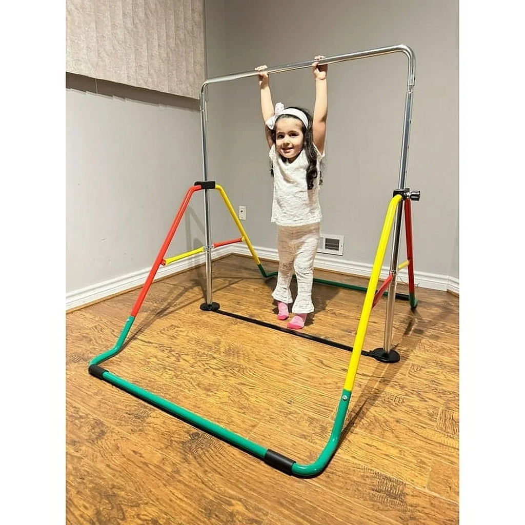 Junior Bar for Playground (Red/Yellow) Folding for Bar - Height-Adjustable Training Bar Kids' Gymnasts Bar Equipment Expandable Home Horizontal Kip - Monkey - Boys/Girls Gymnastics