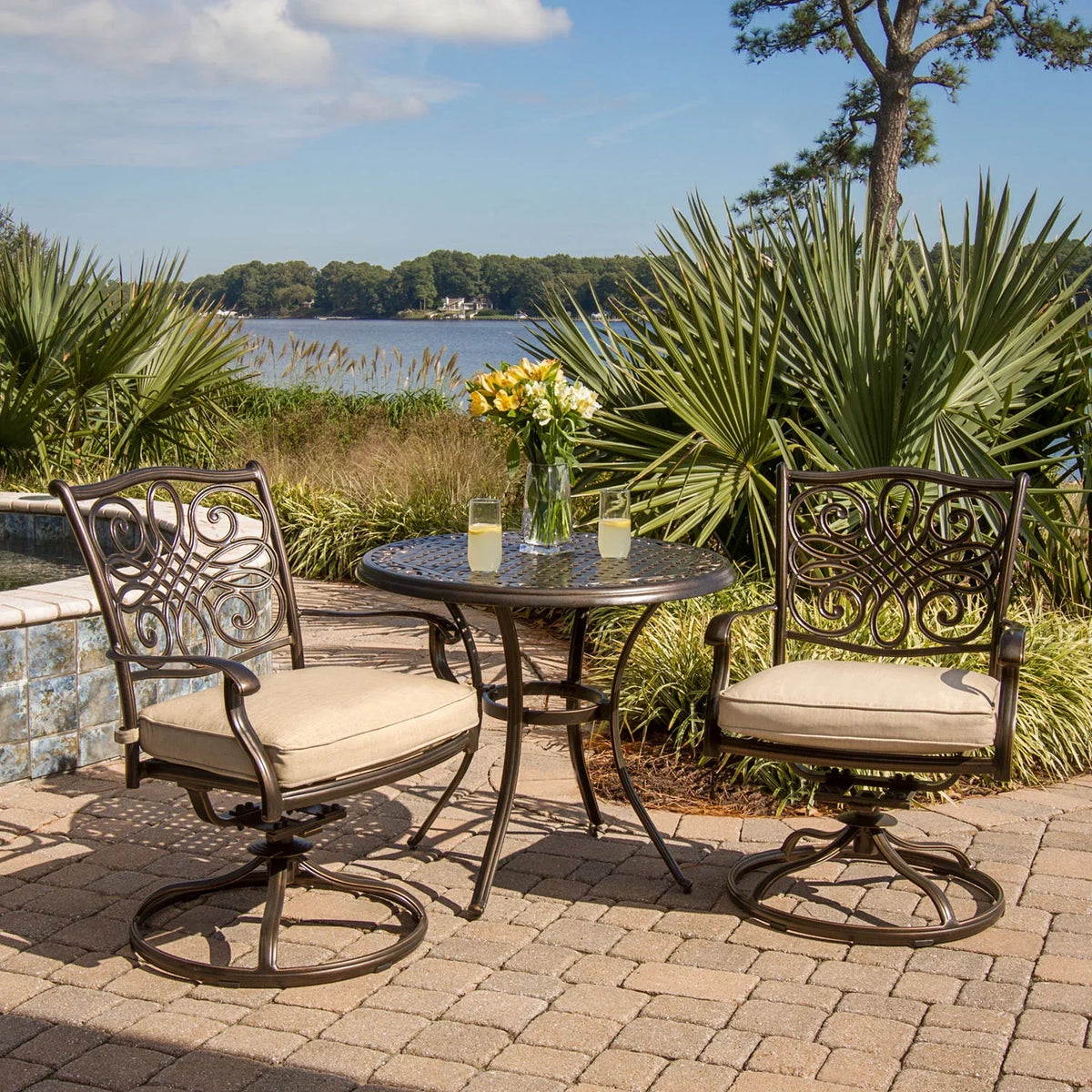 Two Bistro Round in. Swivel Set, Cambridge Rockers,32 Tan Dining Table Aluminum Seasons 3-Piece