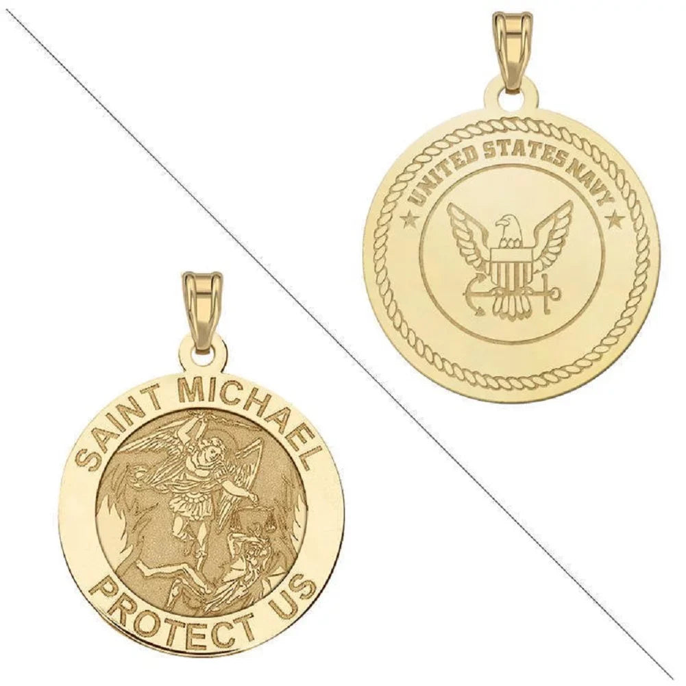 Doubledside Religious Michael Medal 14K 3/4 of Size Nickel Saint - Yellow inch Necklace Navy a - Gold Solid Picturesongold.Com Pendants