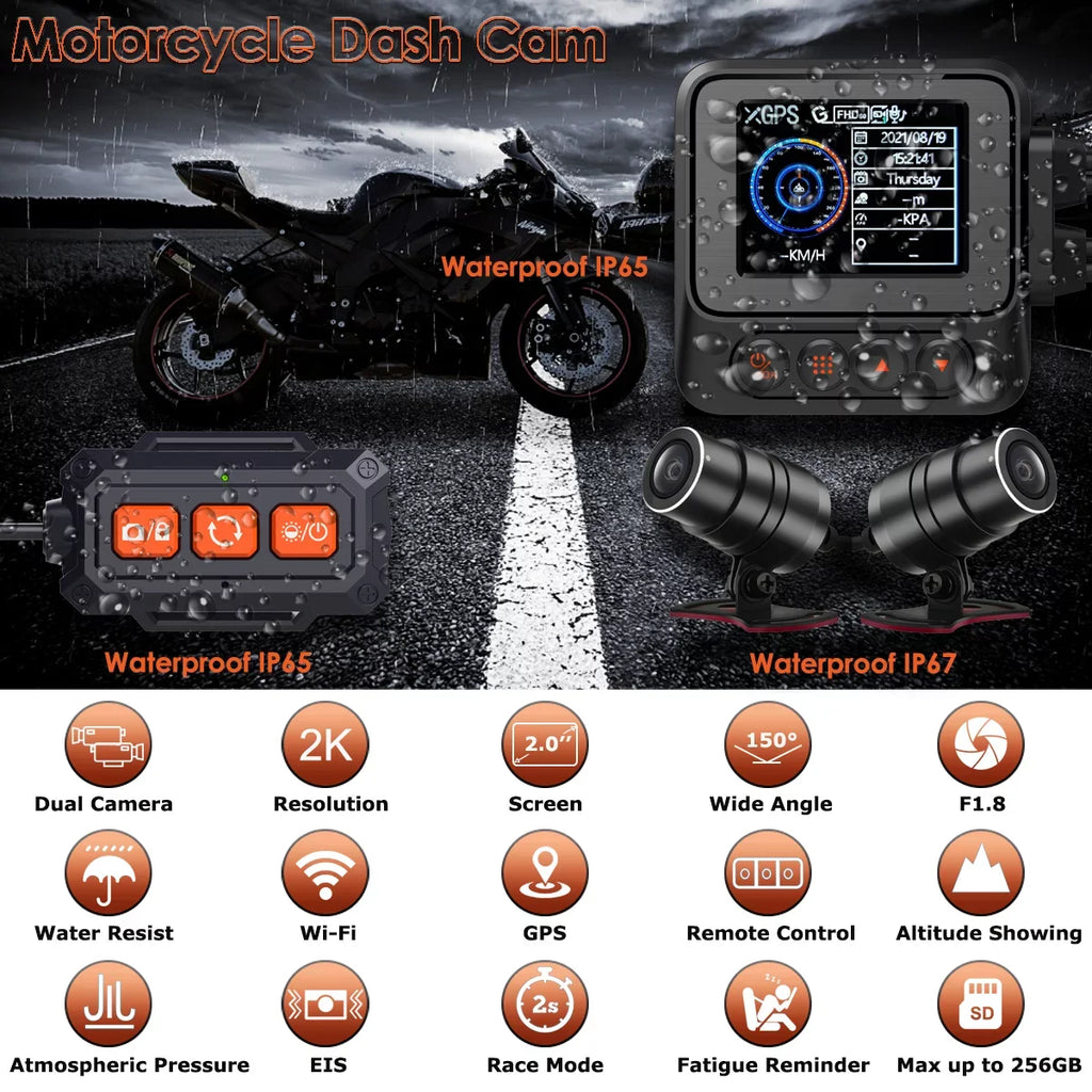 GPS, Wi-Fi, Dash Max Wired ZOMFOM Race 60fps Camera, Cam Wide and Waterproof 256GB LCD Front Angle 30fps/1080P up 150° Mode, All Dual Rear to Motorcycle MD20 2K and Remote, with 2'' EIS