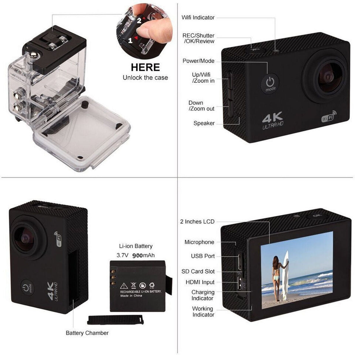 Carry Camera HD Battery, Card, 30M Camera Action Under 1080P Included Sports TF Waterproof, Case