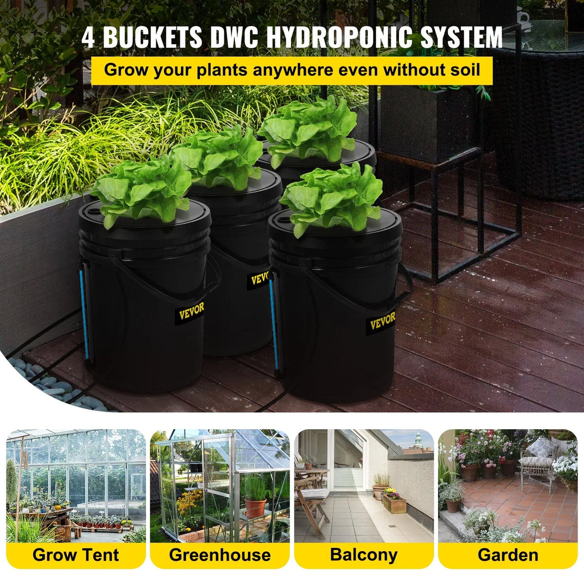 DWC Leafy Water Kit, Pump, Stone Grow Vegetables Indicator for 4-Bucket 5-Gallon, & Hydroponic System with Level Indoor/Outdoor VEVOR Air